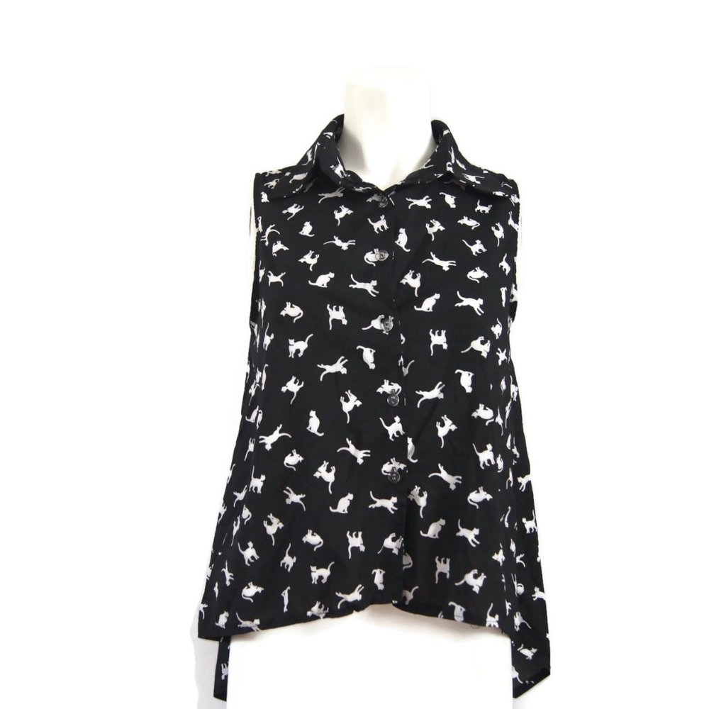 Solution Women's Button Front Blouse Cat Print Sleeveless Cute